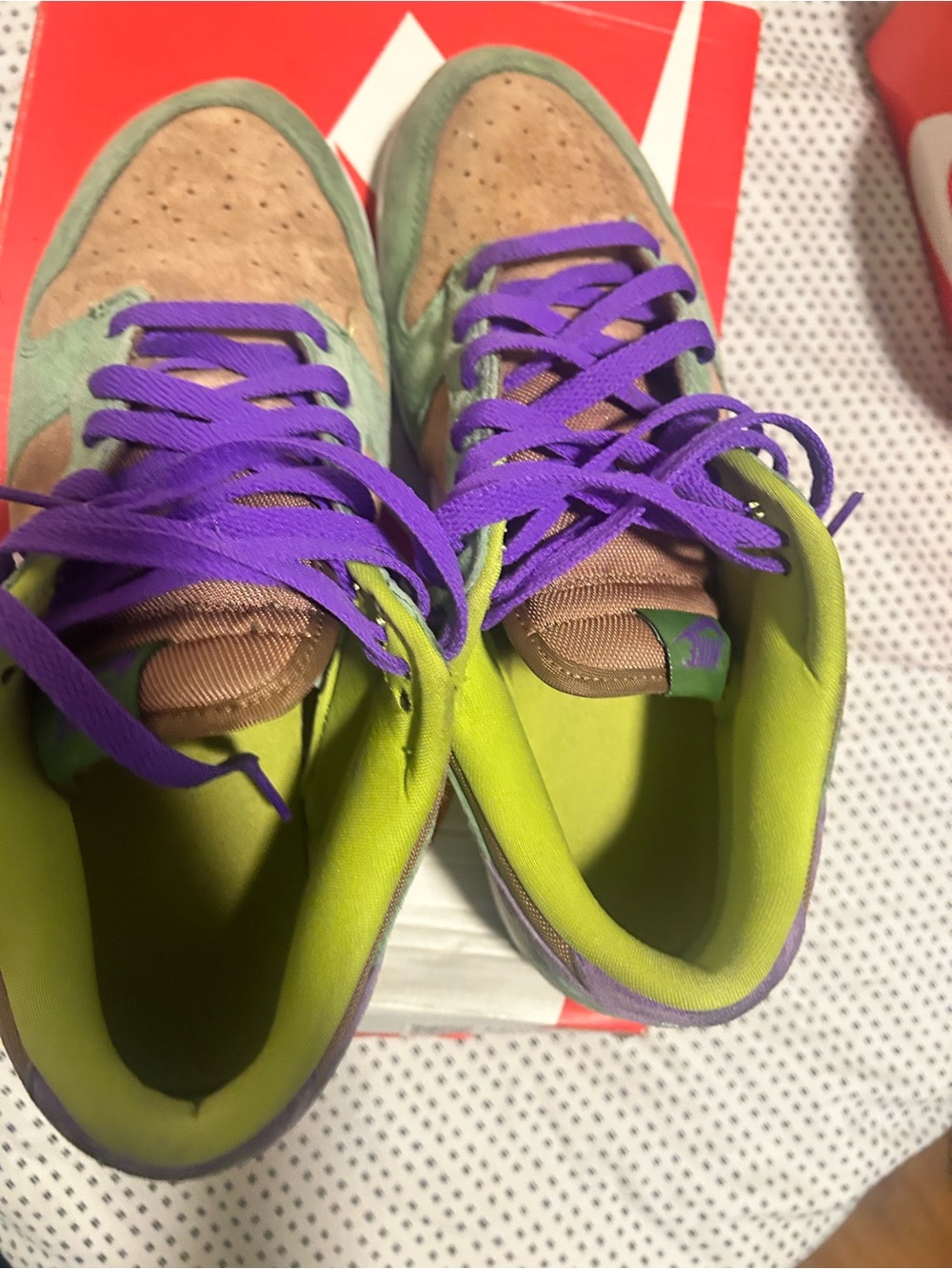 Nike Women’s Brown Suede Sneakers with Purple Laces and Lime Green Interior